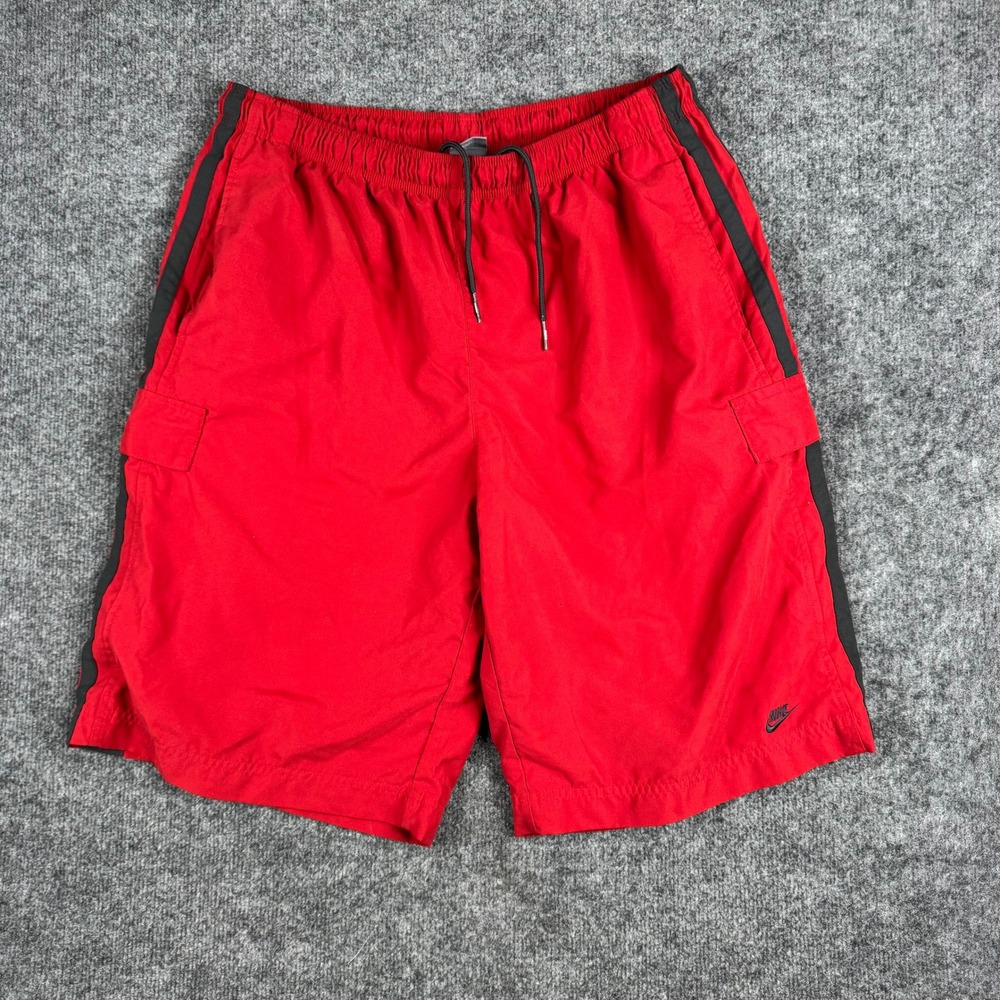 Nike Athletic Shorts Mens Size XL Red Grey Stripe Cargo Mesh Lined Drawstring